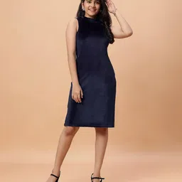 TeenTrums Velvet Woven Sleeveless Solid Dress - Navy Blue-picture-34