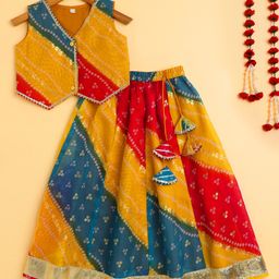 The Magic Wand Woven Sleeveless Bandhani Printed & Gota Lace Embellished Lehenga Choli Set - Multi Colour-picture-5