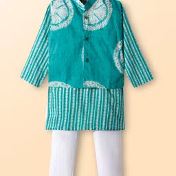 Teentaare Cotton Woven Full Sleeves Kurta Pajama Set with Jacket & Floral Print - Turquoise-picture-48