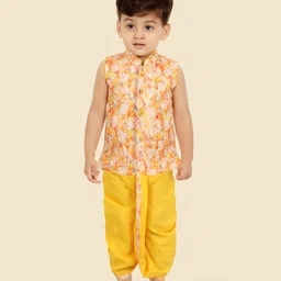 little desi Jacquard Woven Sleeveless Paisleys Printed Dhoti Kurta Set - Gold-picture-17