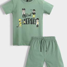 Orange Sugar 100% Cotton Knit Half Sleeves Real Heros Text Printed Tee & Coordinating Shorts Set - Olive Green-picture-20