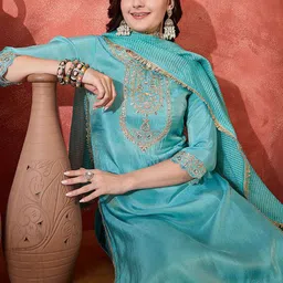 Sangria Women Embroidered Zari Sequence Round Neck Kurta Pant With Dupatta Set-image-73