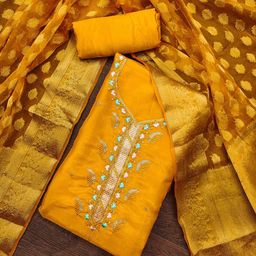 SHADOW & SAINING Embroidered Sequinned Pure Silk Semi-Stitched Dress Material-image-69
