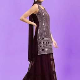 PARROT CREATION Geometric Embroidered Sequinned Kurta With Sharara And Dupatta image 4