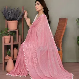 V3 FASHION STUDIO Solid With Pompom Border Saree-picture-4