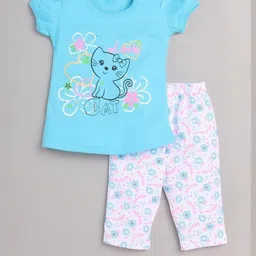CUTEVIBE Girls Sky Blue & White Printed Cotton T-shirt with Pyjamas-image-41
