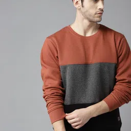 Roadster Men Rust Orange & Charcoal Grey Colourblocked Sweatshirt-image-60