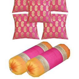 Pink Parrot Pack Of 5 Pink Color Ethnic Motifs Square And Pack Of 2 Round Cushion Covers-image-39