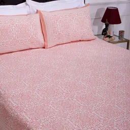 SHAHENAZ Orange & White Floral 120 TC Queen Bedsheet with 2 Pillow Covers-image-38