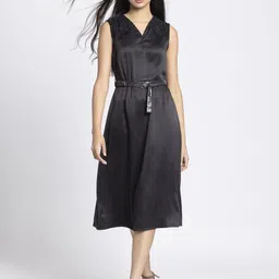 SHAYE Women Black V-Neck Solid Sleeveless Casual Dresses For Women-picture-51