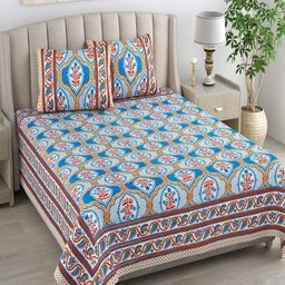 Bombay Spreads Turquoise Blue & Pink Floral 180 TC King Bedsheet with 2 Pillow Covers-image-69