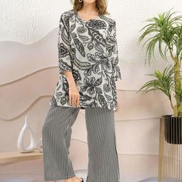 NIGHT FLOSS Printed Pure Cotton Round-Neck Tunic With Trousers Co-Ords-98