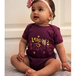 Zeezeezoo Half Sleeves Ladoos & Lollipops Text With Cat Placement Printed Onesie - Violet-picture-8