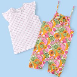 Babyhug 100% Cotton Knit Half sleeves Dungarees & Sets Girl With Back Snap Buttons Strawberry Print - White & Pink-image-91
