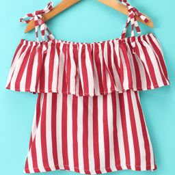 CrayonFlakes Cold Shoulder Half Sleeves Awning Striped Strappy Top - Off White & Red-image-19