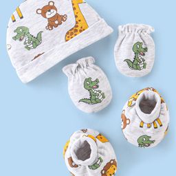 Babyhug 100% Cotton Knit Cap Mittens & Booties Set Teddy Print - Grey-image-54