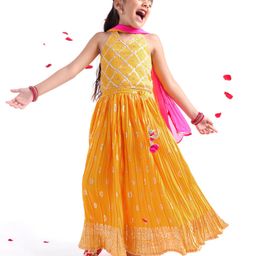 Babyhug Halterneck Sleeveless Zari Embroidered Choli with Foil Printed Lehenga and Dupatta Set - Mustard-image-41