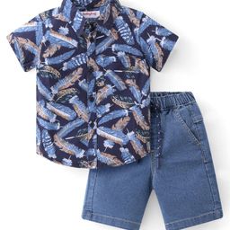 Babyhug Cotton Woven Half Sleeves Shirt & Denim Shorts With Feather - Navy Blue-63