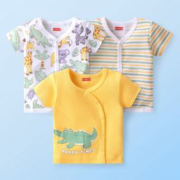 Babyhug 100% Cotton Knit Half Sleeves Front Open Vest Stripes & Jungle Safari Theme Pack of 3 - Yellow White & Green-image-86