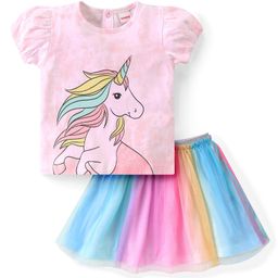 Babyhug Single Jersey Knit Half Sleeves Top & Shorts Set with Unicorn Print - Multicolour-image-10