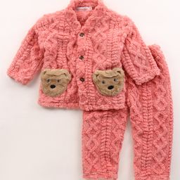 Kookie Kids Full Sleeves Winter Wear Night Suit with Paw Applique - Pink-picture-29
