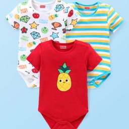 Babyhug 100% Cotton Knit Half Sleeves Onesies with Stripes & Watermelon Print Pack of 3 - Red Yellow & White-image-26