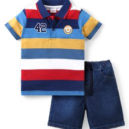 Babyhug Single Jersey Knit Half Sleeves Striped Polo T-Shirt & Denim Shorts Set - Multicolor-image-24