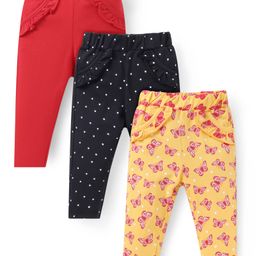 Doodle Poodle Single Jersey Knit Full Length Solid Butterfly & Polka Dots Printed Leggings Pack of 3 - Yellow Red & Black-image-68