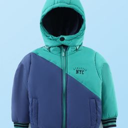 Babyhug Woven Full Sleeves Padded Hooded Jacket With Cut & Sew Design & Text Detailing - Teal Blue-image-94