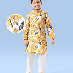 EARTHY TOUCH Woven Full Sleeves Kurta Pyjama Set with Floral Print - Yellow-image-29