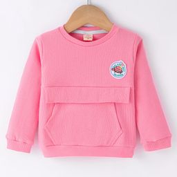 Olio Kids Cotton Knit Full Sleeves Winter T-Shirt with Kangaroo Pocket Turtles Patch - Light Pink-image-8
