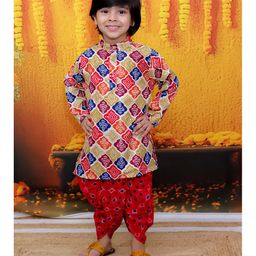 BownBee Cotton Full Sleeves Ethnic Motif Printed Kurta With Dhoti - Red-image-19