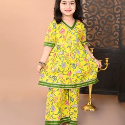 Superminis Cotton Half Sleeves Lace Embellished Floral Printed Kurta With Coordinating Sharara Set - Yellow-image-52