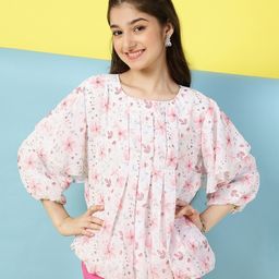 ISHTI Three Fourth Balloon Sleeves Floral Pleated Top - Pink-picture-5