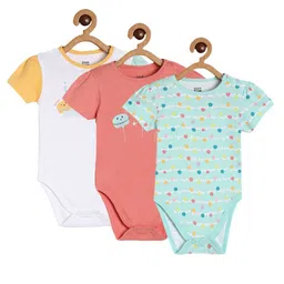 MINI KLUB Cotton Knit Pack Of 3 Half Sleeves Abstract & Macaroons Printed Onesies - Multi Colour-picture-46