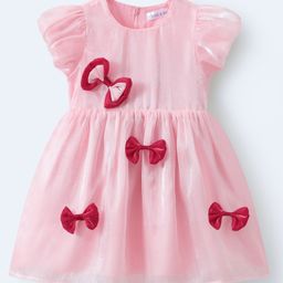 Mark & Mia Half Bubble Sleeves Solid Color with Bow Detailing Party Frock - Pink-image-99