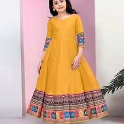 Fashion Dream Three Fourth Sleeves Floral & Ethnic Printed Maxi Dress - Mustard-image-3