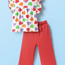 Babyhug Single Jersey Knit Frill Sleeves Top & Legging Set With Heart Print & Bow Applique - White & Red-image-18