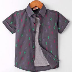 Rikidoos Half Sleeves Cactus Printed Shirt With Attached Tee - Black & Melange-image-27