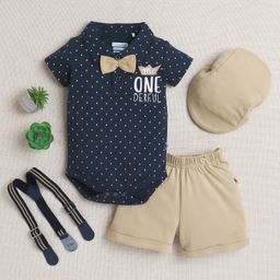 BUMZEE Cotton Half Sleeves Mr One Derful Text Printed Onesie Shorts With Suspender Cap & Bow Set - Navy Blue & Beige-image-95