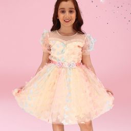 Cutecumber Net Half Puffed Sleeves Butterfly Applique Detailed Dress - Cream-image-41
