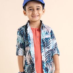 Rikidoos Full Sleeves Leaves Printed Shirt With Attached Tee - White & Blue-image-56