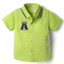 Babyhug Cotton Woven Half Sleeves Rib Collar Shirt With Alphabet Patch - Green-image-92