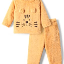 Babyhug Fur Woven Full Sleeves Winter Wear T-Shirt & Lounge Pant Set With Cat Print & Ear Applique - Orange-picture-10