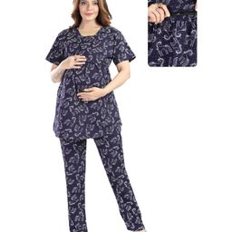 Fabme Pure Cotton Knit Half Sleeves Unicorn Printed Coordinating Maternity Night Suit Set With Nursing Access - Navy Blue-image-52