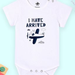 The Mom Store Cotton Knit Half Sleeves I Have Arrived Text & Aeroplane Printed Onesie - White-image-88