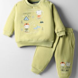 Zero Fleece Knit Full Sleeves Winter Sweatshirt & Lounge Pant Set with Animal Print - Green-picture-48
