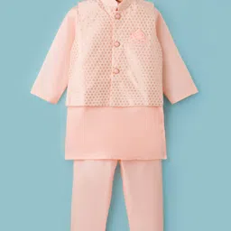 Ridokidz Full Sleeves Solid Kurta Pyjama With Geometric Embroidered Jacket Set - Light Pink-picture-9