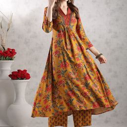 GoSriKi Floral Printed V-Neck Anarkali Kurta With Palazzos & Dupatta-2