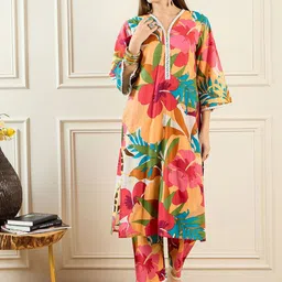 Indo Era Floral Printed Pure Cotton Tunic With Trouser Co-Ords-picture-12